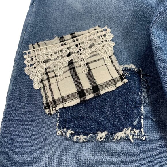 Justice Skinny Jeans Boho Patched Blue Black Plaid Button Snap Fly Size 12 - Picture 7 of 12